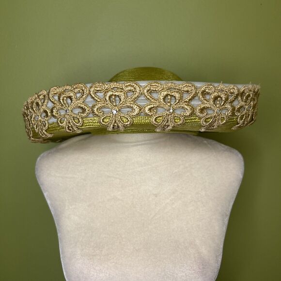 Mr John Vintage Hat 1980s style wide brim green gold white trim Flawed stained main image 8